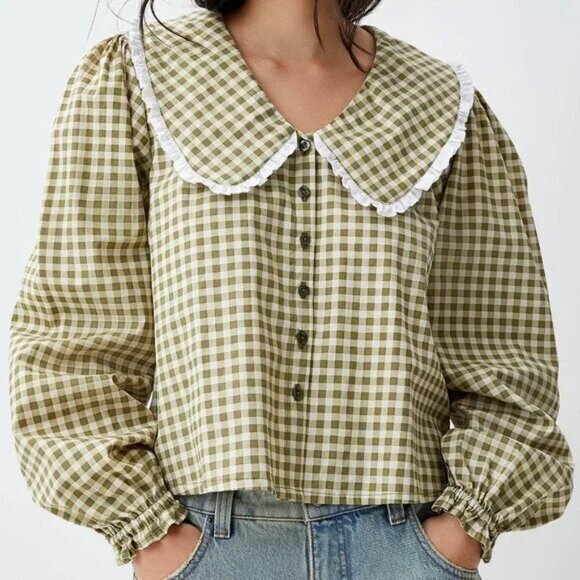 Motel Tops - Oversized Collar Gingham Blouse 100% Cotton